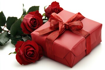 Ein rotes Geschenk zum Valentinstag mit roten Rosen 
