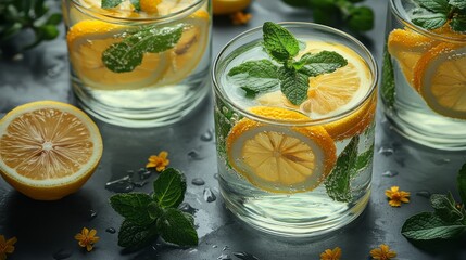 Refreshing lemon mint drink in chilled glasses with fresh ingredients on a dark surface