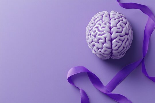 A concept background for International Epilepsy Awareness Day featuring a purple 3D model of a brain alongside a symbolic purple ribbon