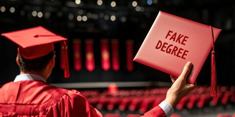 Male graduate celebrating with a degree in hand, wearing a red cap and gown, with a joyful mood.