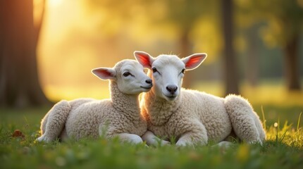 Obraz premium A serene image of a lamb resting beside its ewe in a tranquil meadow, showcasing the peaceful relationship between them.