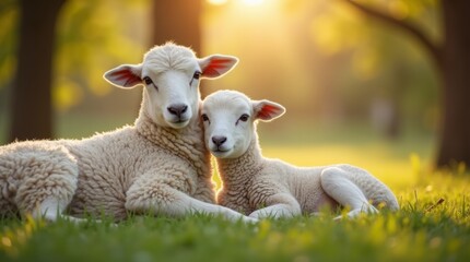 Naklejka premium A serene image of a lamb resting beside its ewe in a tranquil meadow, showcasing the peaceful relationship between them.