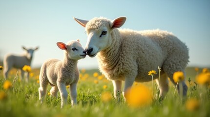 Obraz premium A tender moment captured of a lamb nuzzling against its ewe in a lush green pasture. 