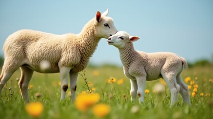 Fototapeta premium A tender moment captured of a lamb nuzzling against its ewe in a lush green pasture. 