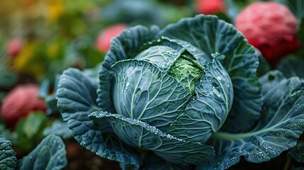 Cabbage grows in the garden close-up