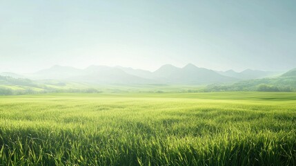Fototapeta premium Serene Green Meadow Landscape with Misty Mountains