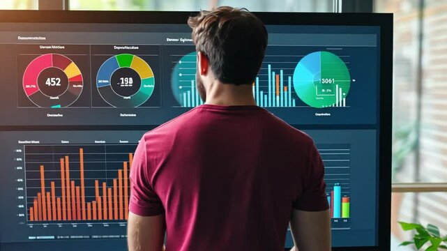 Young entrepreneur standing in front of a digital marketing analytics dashboard, strategizing ways to grow their online business.