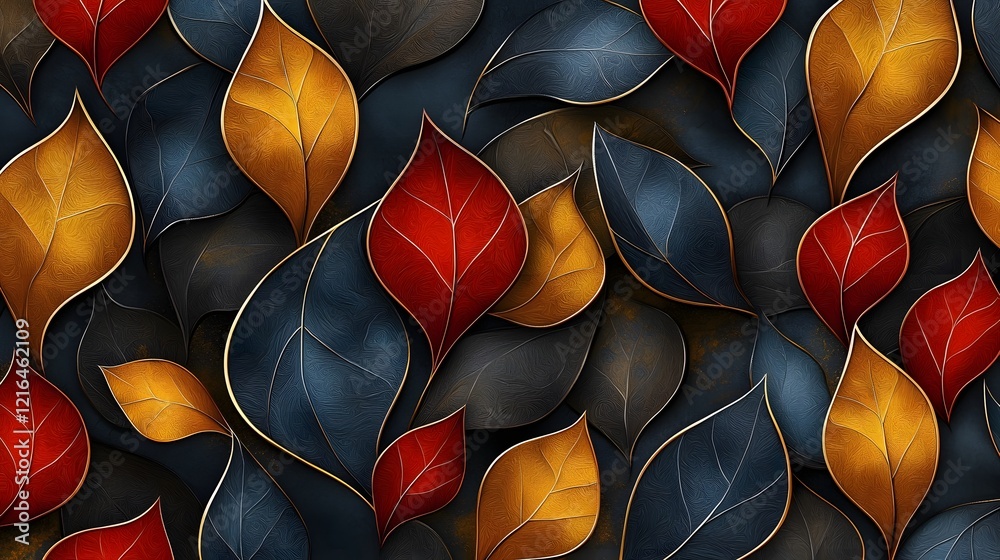 Poster Seamless abstract decorative 3D leaves pattern with intricate textures and vibrant colors creating a modern and elegant background stylish