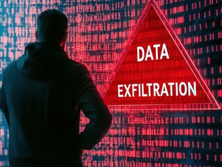 A male silhouette against a glowing screen warning of data exfiltration.