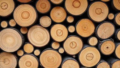 Firewood pile with detailed textures and concentric grain patterns