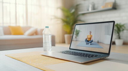 Coach guides client through workout at home, utilizing a laptop for online training in a bright setting, remote personal training concept