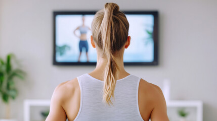 Woman on treadmill follows virtual trainer displayed on TV in a bright home gym setting, remote personal training concept