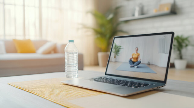 Coach guides client through workout at home, utilizing a laptop for online training in a bright setting, remote personal training concept