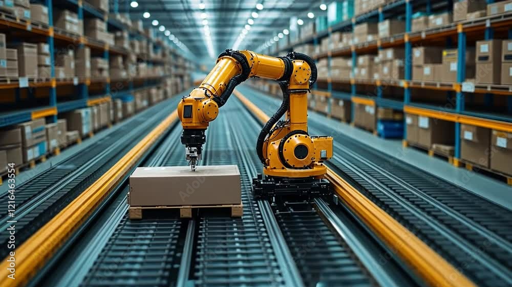 Poster automated robotic arm operating efficiently in a warehouse during daytime for package handling