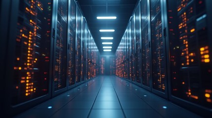 Fototapeta premium Modern Data Technology Center Server Racks in Dark Room with VFX. Animated Visualization Concept of Internet of Things, Data Flow, Digitization of Internet Traffic