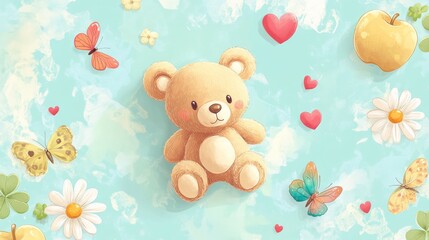 81.A charming collection of illustrations including a cheerful plush teddy bear, vibrant butterflies, juicy apples, blooming daisies, clover leaves, and heart motifs, all rendered in a whimsical