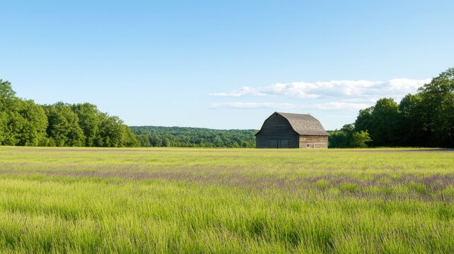 A rustic barn stands alone in a lush green field under a clear blue sky, surrounded by trees and open space.