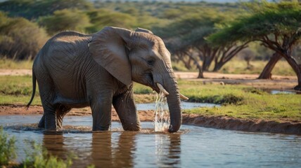 Obraz premium A baby elephant playing with its mother near a watering hole, splashing water and creating a joyful scene. 