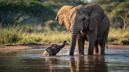 Fototapeta premium A baby elephant playing with its mother near a watering hole, splashing water and creating a joyful scene. 