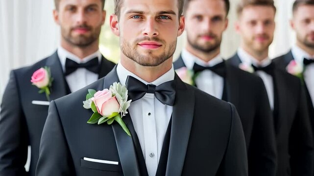 A group of Caucasian groomsmen in tuxedos with boutonnieres at a wedding ceremony, celebrating marriage and unity