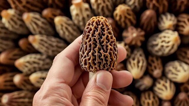 A hand holds a fresh morel mushroom, symbolizing foraging and gourmet cooking concepts