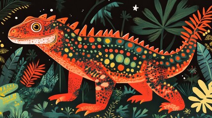 Obraz premium Ornate, Red Spiked Lizard Amidst Lush Tropical Foliage