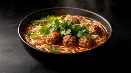 Fototapeta premium A steaming bowl of noodles topped with meatballs and fresh herbs, served in a dark bowl, showcasing a delicious and hearty meal.