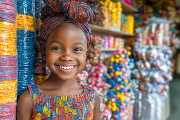 Smiling African girl wearing a colorful headscarf and traditional dress, standing near vibrant rows of beads and crafts in a market, showcasing cultural heritage and handmade goods