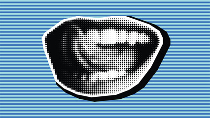 An open mouth with a tongue on a striped background. Trendy vintage vector collage in halftone style.