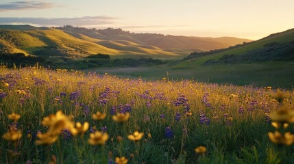 Fototapeta premium Golden Hour Meadow: A Sunset Serenade in Rolling Hills