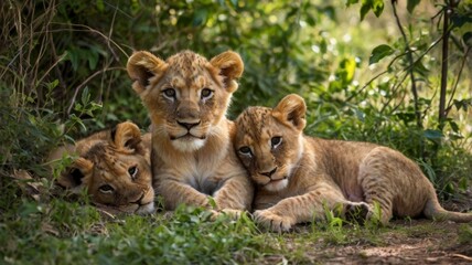 Fototapeta premium A heartwarming image of lion cubs lounging together in the shade, exuding a sense of comfort and safety.