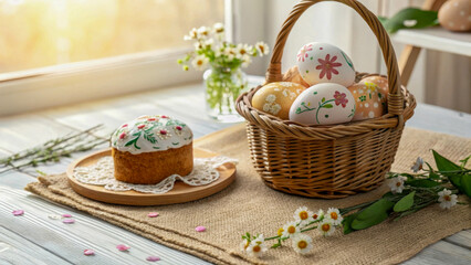 On the table is a wicker basket with hand-painted Easter eggs decorated with floral patterns. Next to it is a traditional Easter cake. The festive spirit of Easter.