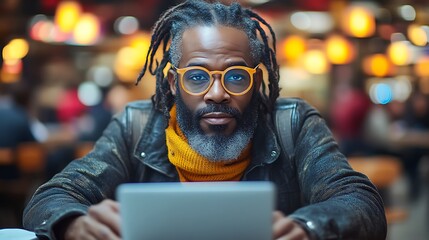 Confident man with dreadlocks using laptop.
