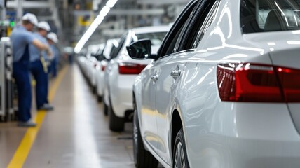 Fototapeta premium A modern car assembly line featuring multiple white vehicles and workers focused on manufacturing.
