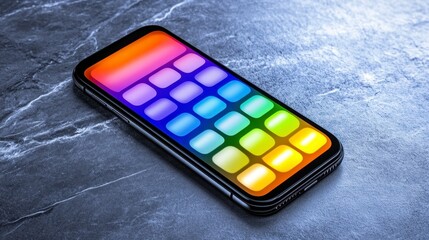 Colorful smartphone display on a dark marble surface background