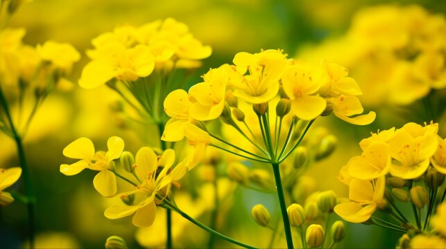 Yellow Ferula Flower Field Close-up in Nature: Macro Shot of Blooming Flowers with Green Background, Perfect for Spring and Summer Garden