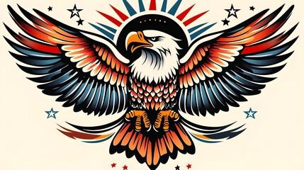 Fototapeta premium Detailed Traditional American Eagle Tattoo Design with Vibrant Red Blue and Gold Colors and Intricate Feather Patterns