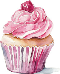 watercolor pink cupcake on white background,generative ai 