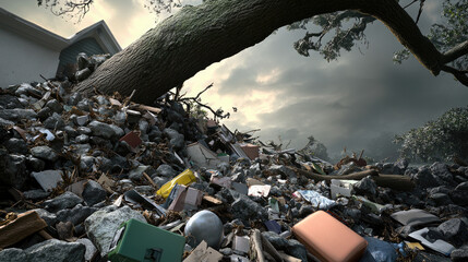 Obraz premium A fallen tree crushing a house under a stormy sky, symbolizing personal loss and the impact of hurricanes.