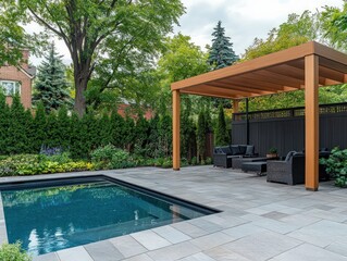 Modern Backyard Oasis: Luxury Pool, Wooden Pergola, and Tranquil Landscaping Design