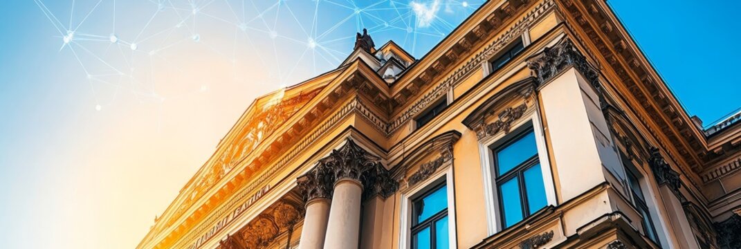 Elegant Architectural Detail of Historic Building Facade with Network Graphic against Sky.