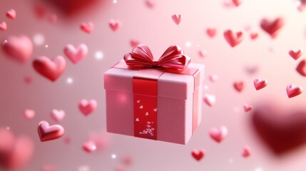 62.A 3D-rendered gift box in soft pink tones with a shiny red bow, surrounded by floating heart-shaped elements, creating a romantic and festive Valentine design.