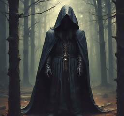 Illustration of hodded person in dark woods.