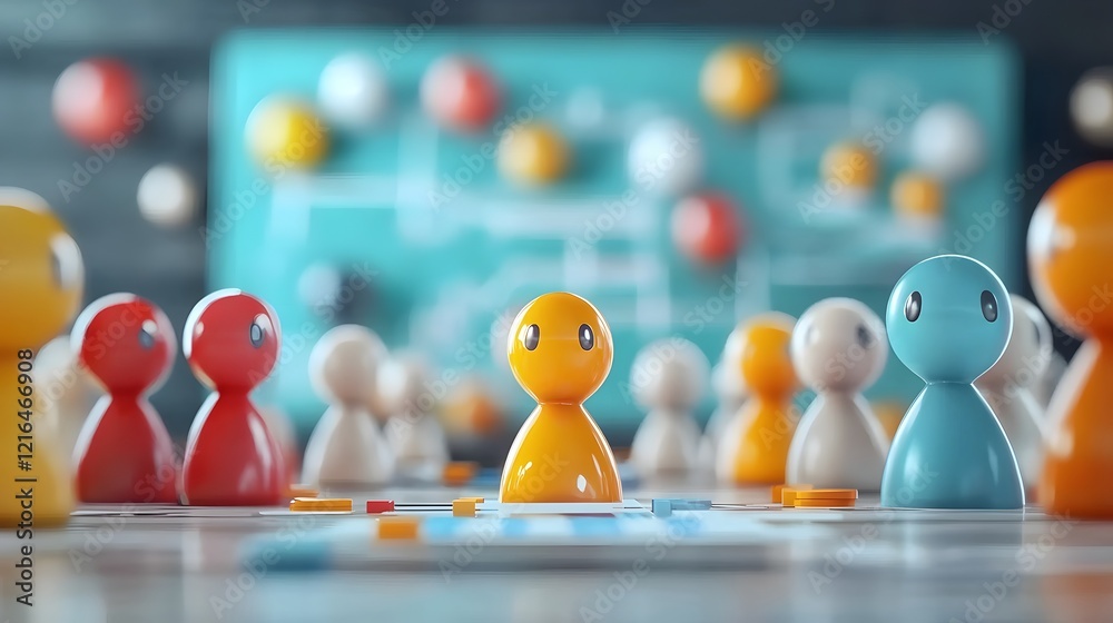 Fototapete Animated 3D business characters discussing strategic plans using digital tools and charts for effective project management in a dynamic colorful background