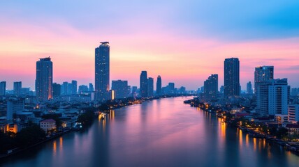 Fototapeta premium A stunning cityscape at sunset, showcasing modern skyscrapers along a river with vibrant colors reflecting on the water.