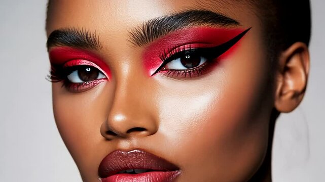 A Black woman with bold red eye makeup and glossy lips, suitable for fashion editorials and Halloween