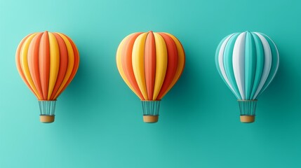 Obraz premium Three Colorful Miniature Hot Air Balloons Arranged on a Teal Background