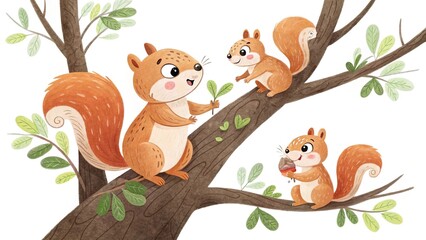Adorable squirrel family illustration, full of charm and love, isolated on a clean white background