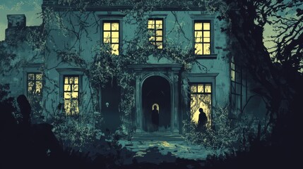 Mysterious Mansion at Dusk Enveloped in Shadows