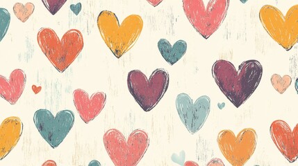 22.A playful seamless design with irregularly shaped hand-drawn hearts in soft and bold tones, creating a cheerful and cozy vibe for romantic-themed applications.